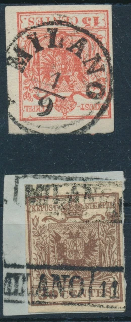 LOMBARDEI-VENETIEN 1850 2Stk.Marke:-15C, und -30C Verschiedene MILANO.