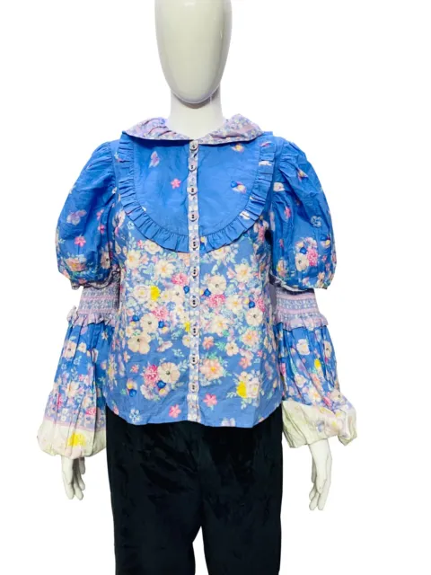 Fillyboo Womens Floral Printed Ruffle Smocked Linen Shirt Blouse Tunic Top XS
