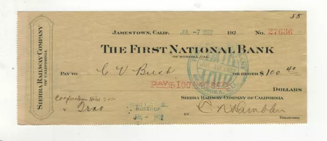 1922 The First National Bank Check Sonora Ca Sierra Railway Company Jamestown