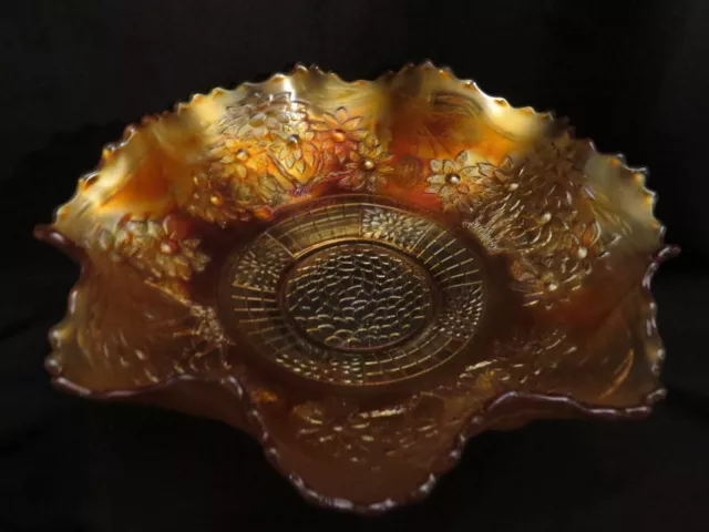 Atq. Fenton Carnival Glass 9" Orange Tree Ruffled Bowl Bearded Berry Exterior