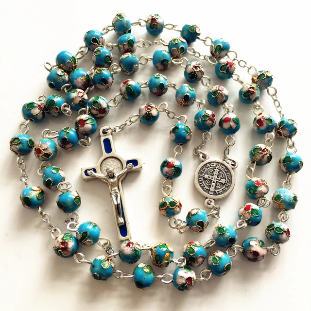 BLUE CLOISONNE ROSE BEAD St.Benedict ROSARY CROSS CATHOLIC NECKLACE CRUCIFIX BOX
