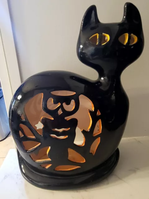 Vintage Halloween BLACK CAT Ceramic Cut-out Orange Inside Candle Holder