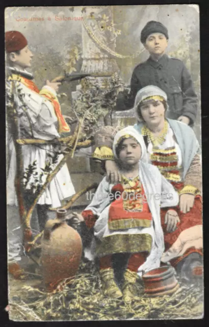Early Greece Postcard: Costumes å Salonique. Family in Traditional Dress.