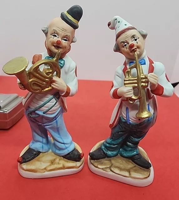 Vintage 1970s Hobo Clowns 6"-7" Figurine Musical Instrument Porcelain. Korea