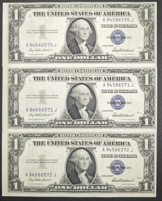 U.S. 1935 Three Consecutive $1 One Dollar Silver Certificates Uncirculated (002)