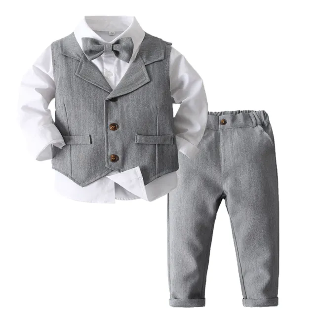 Formal Suit Bow Tie Dress Shirt + Tuxedo Vest + Pants Set for Baby Boys Toddler