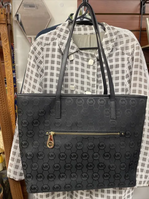 Michael Kors Womens Black Leather Zip Pocket Double Handle Tote Handbag One Size