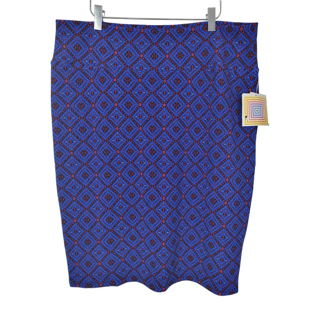 LuLaRoe Cassie Skirt 3XL Womens Plus Size Blue Red Diamond Print Pull On NWT