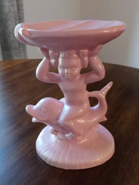 Vtg. Holland Mold Ceramic Pink Cherub on Dolphin Pedestal Trinket Soap Dish