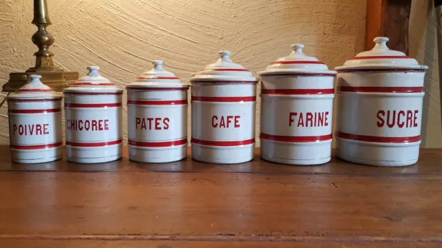 Antique French Enamelware Canister Set White Red Graniteware 6p