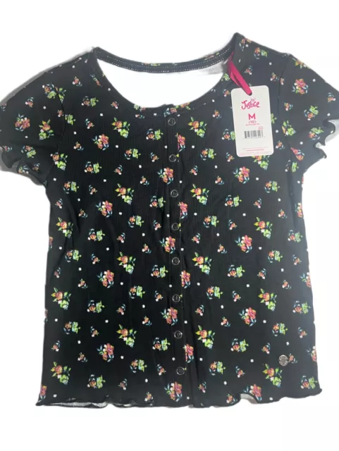 Justice Girls Black Floral Shirt Size M (10) NWT Short Sleeve Button Rib Tee