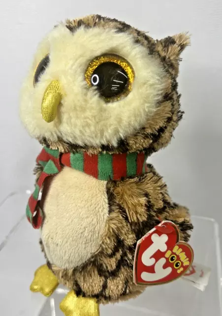 TY Beanie Boos Wise Holiday Christmas Owl Brown Yellow Glitter Eyes with scarf