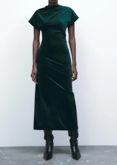 zara green velvet embroidered dress Popelin Mod.41.3 Green velvet dress with floral yoke - Green