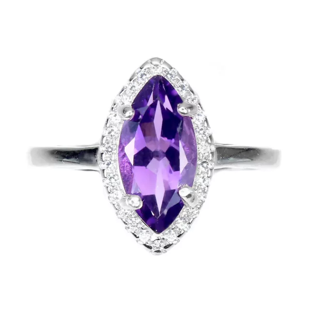 Unheated Marquise Amethyst 12x6mm Simulated Cz 925 Sterling Silver Ring Size 6