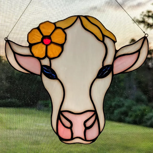 Stained Glass Cow Sun Catcher, Country Farm Animal Hanging Art Decor