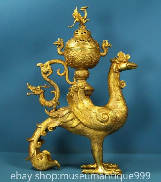 17.2& OLD CHINESE Bronze 24K Gold Gilt Dynasty Phoenix Bird incense ...