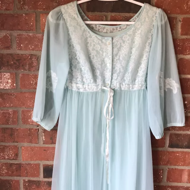 Vintage 60s Miss Elaine 2 Piece Negligee Nightgown Peignoir Robe Green Small 2