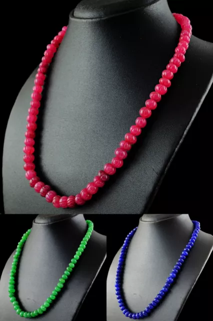 ENHANCED Ruby, Green Emerald & Blue Sapphire Round Carved Beads Necklace