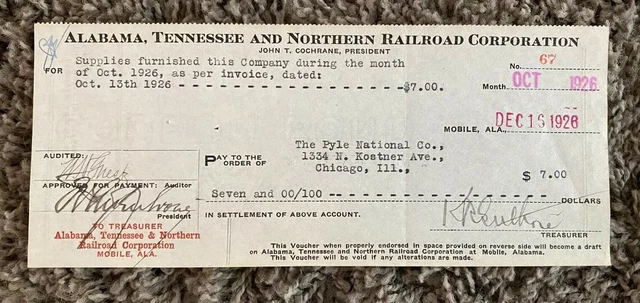 1926 check to The Pyle National Co - Kostner Ave (Chicago IL) - AT&N RR ephemera
