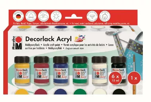 Marabu-Decorlack Acryl 15Ml 6 Farbtöne Sortiert Inkl Pinsel und Motivvorlage