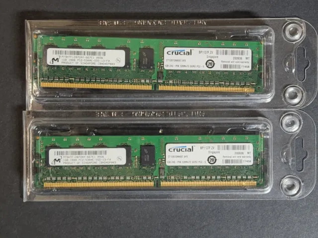 2 - Crucial 1GB DDR2-667MHz PC2-5300 ECC Unbuffered CL5 240-Pin DIMM Memory RAM