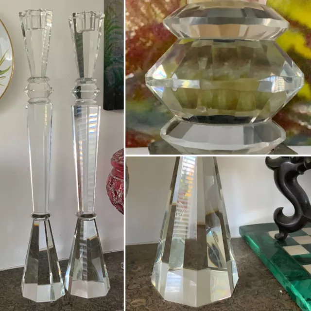 Rare Amazing Pair 17” Facet Bevel Crystal Candlesticks Swarovski Cassini Style