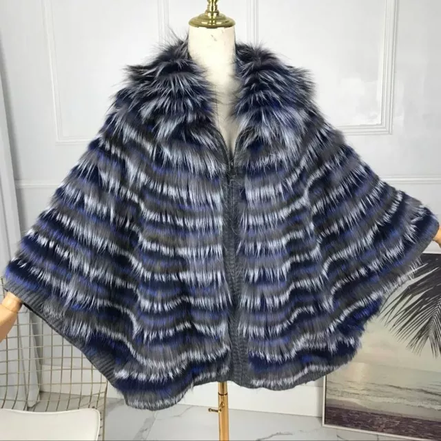 Womens Coats Fur Cape batwing sleeves jacket sliver fox fur shawl Poncho