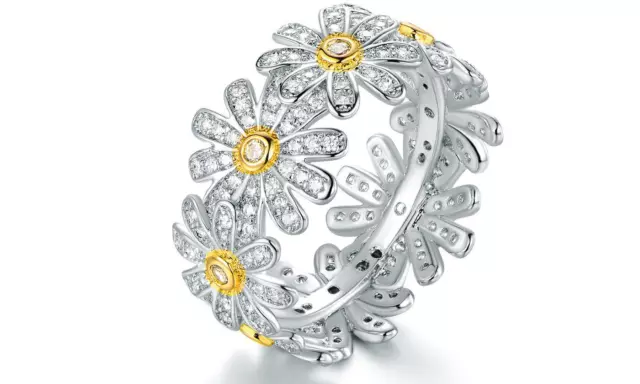 Barzel 18K White Gold Plated Floral Sunflower Ring Made with Crystals SZ 9 or 10