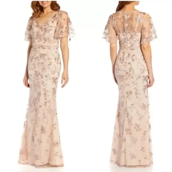 Adrianna Papell  Women Floral Embroidery Blush Mermaid Gown Maxi Lace dress sz 8