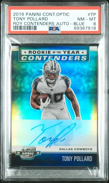 2019 Panini Contenders Optic #ROYTP Tony Pollard /75 ROY Auto Blue PSA 8