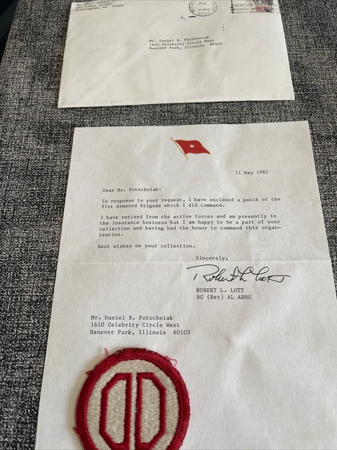 Brig General Robert L Lott Signed Correspondence Letter & Patch