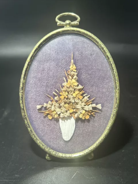 Vintage Dried Pressed Flowers Ornate Brass Oval Frame Victorian Wall Art Boho