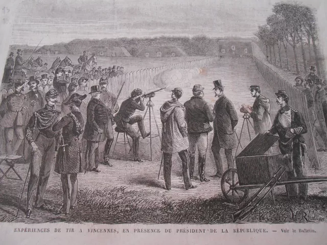 Gravure 1873 - Expériences de Tir à Vincennes fusil cible