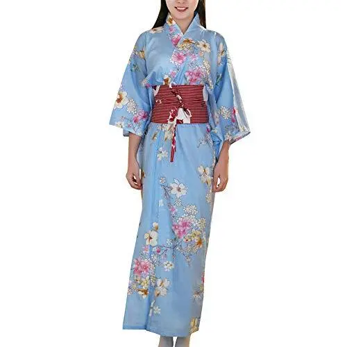 Deluxe Floral Print Kimono Dress Traditional Asian Costume Large 02# Blue