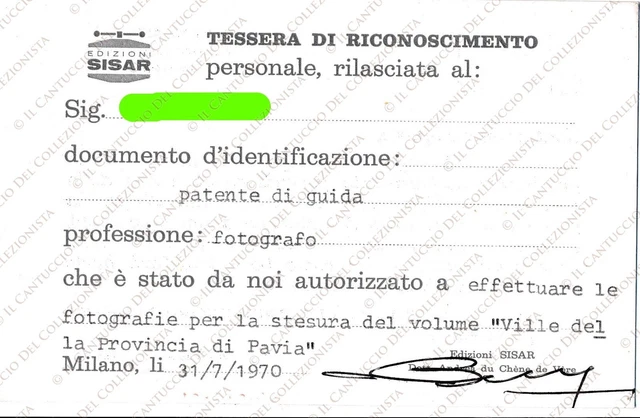 1970 Edizioni SISAR autorizzazione fotografie Ville Provincia Pavia tessera