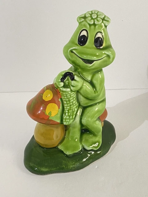 Vintage Lefton Ceramic Frog Knitting Mushrooms Lefton Figurine H371