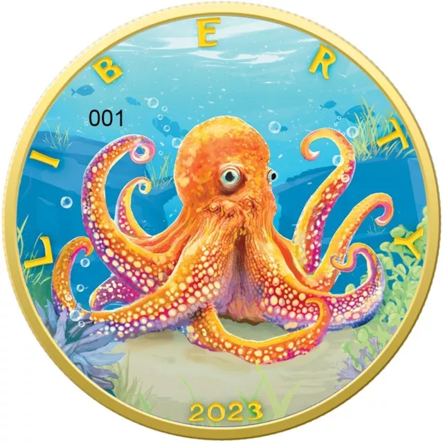 2023 1 Oz Silver $1 Colour Of Paradise II OCTOPUS EAGLE Numbering Gilded Coin.