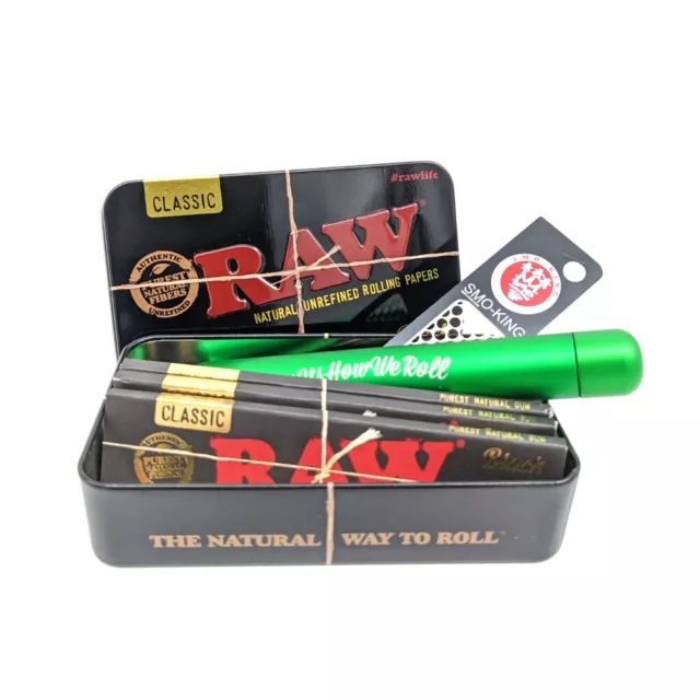 Smo King X RAW Black Rolling Papers, Tin Set with Cone Holder & Grinder Card