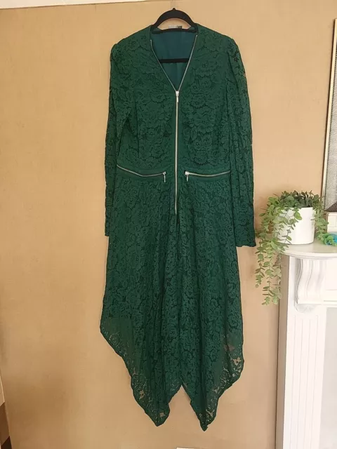 Asos Green Lace Zip Front High Low Hem Dress Size 18