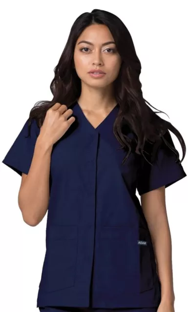 Adar Women Doctor Nurse Short Sleeve Snap Front V Neck Scrub Top NAVY. SIZE XL