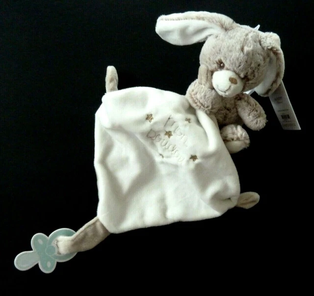 A8. DOUDOU PELUCHE TEX BABY LAPIN BEIGE CHINé MARRON MOUCHOIR BLANC - NEUF