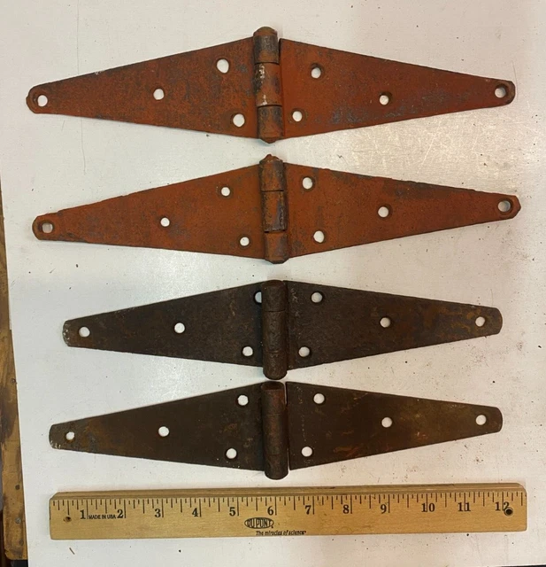 4 Vintage 12'' Farm Barn Door Gate Hand Forged Strap Hinges Great Patina Set
