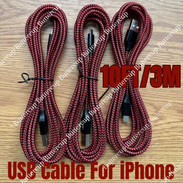 3X USB Fast Charger 3M Heavy Duty Cable For iPhone 14 X 8 7 XR Charging Cord RED