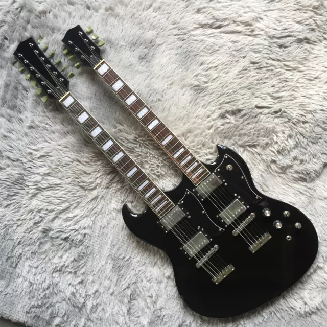 Factory Double Neck Black Electric Guitar HH Pickups Chrome Hardware