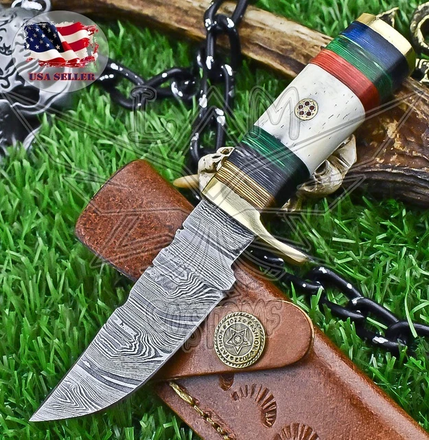 Hand Crafted Hunting Skinner Knife Damascus Corain Brass Guard Sports Rare