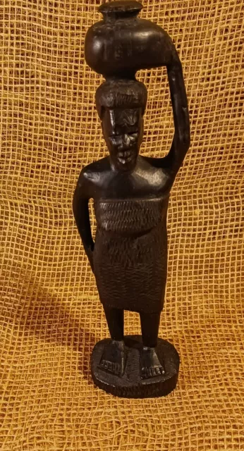 Vintage Hand Carved Wood Female Basket Carrier from Tanzania; 9"
