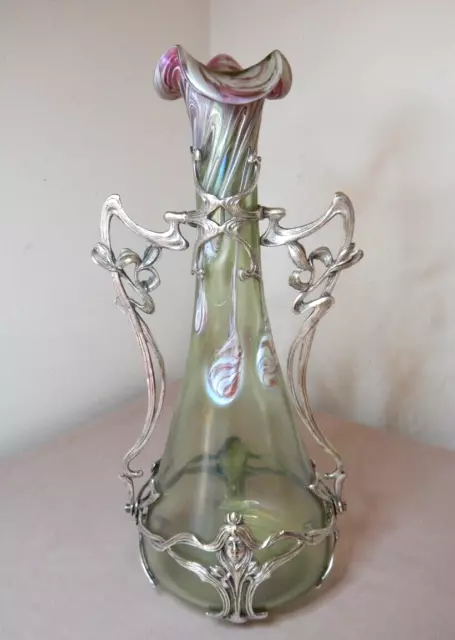 Art Nouveau European Iridescent Drip Gaze Glass Vase With Silvered Metal Mounted