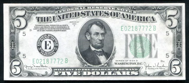 Fr. 1960-E 1934-D $5 Frn Federal Reserve Note Richmond, Va Gem Unc