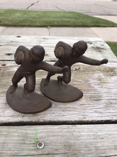 Door Stop Bookends Football Player Cast Iron 1925 Hubley Bronzed Pair Iconic