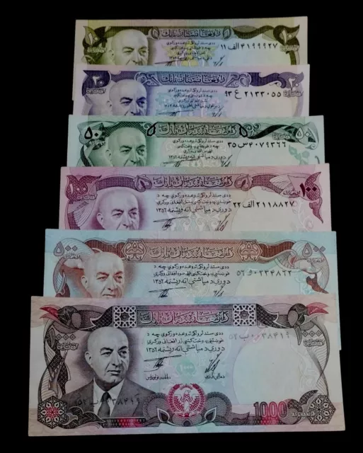 1973-77, Afghanistan  Set 6, Pcs 10+20+50+100+500+1000 Afghanis - Pick 47-53 Unc
